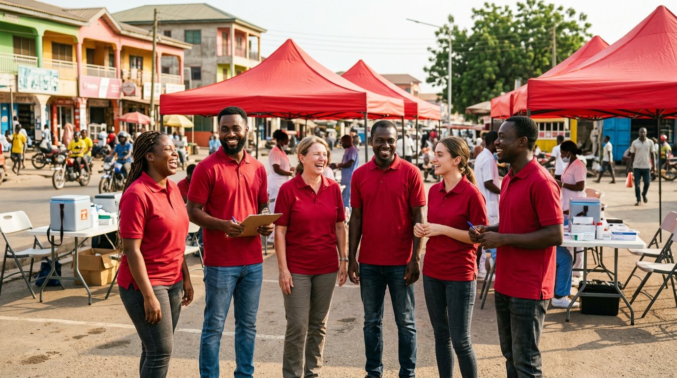 Rhesus Aid Foundation volunteers in red polo shirts at an outdoor community outreach