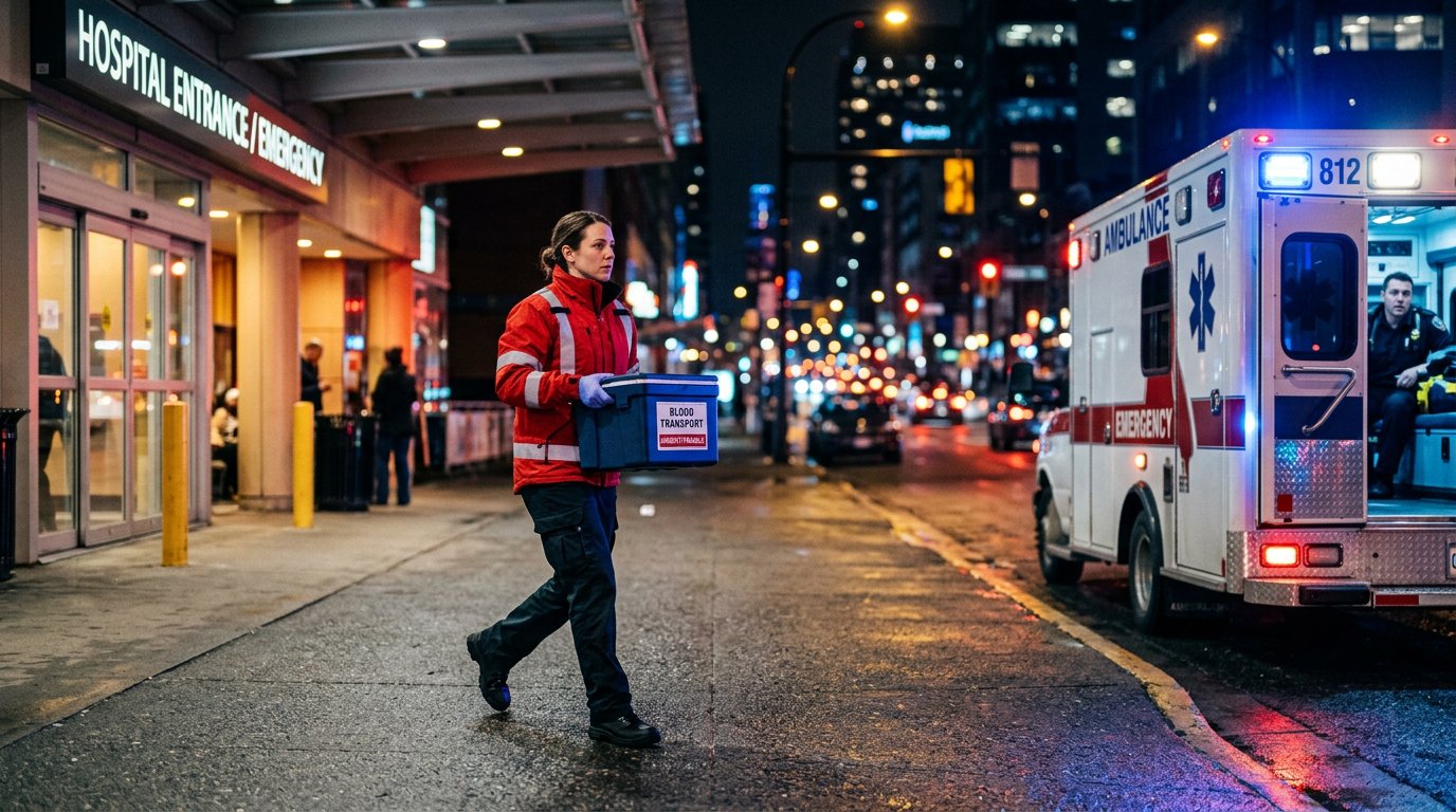 Medical courier carrying an Anti-D cold box at night