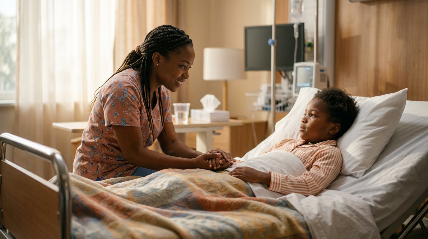 A nurse gently holding a patient's hand in a hospital ward