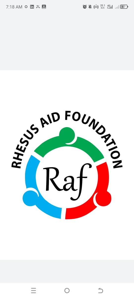 Rhesus Aid Foundation logo — three arcs of green, red and blue around an italic Raf monogram