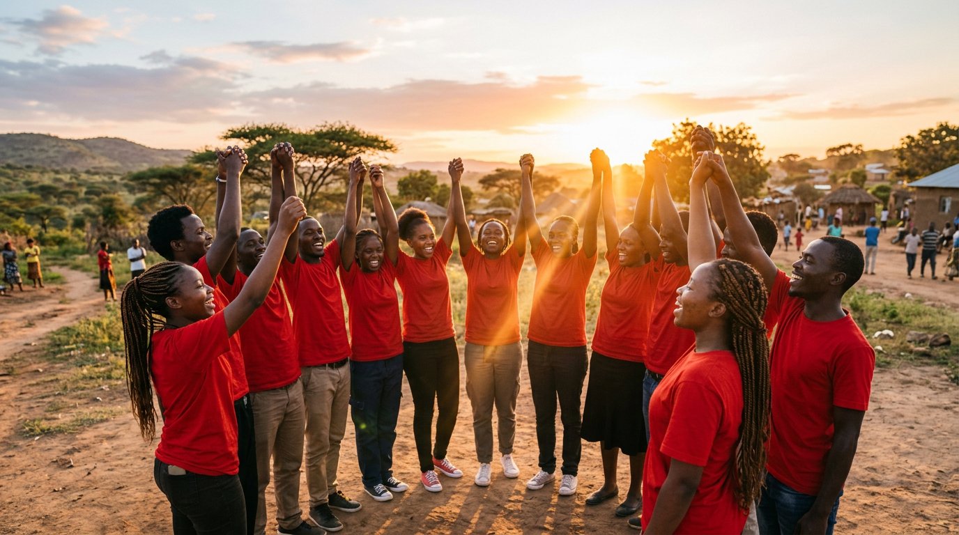 Young volunteers in red t-shirts with raised hands at golden hour